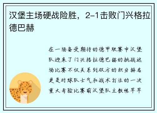 汉堡主场硬战险胜，2-1击败门兴格拉德巴赫