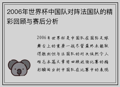 2006年世界杯中国队对阵法国队的精彩回顾与赛后分析