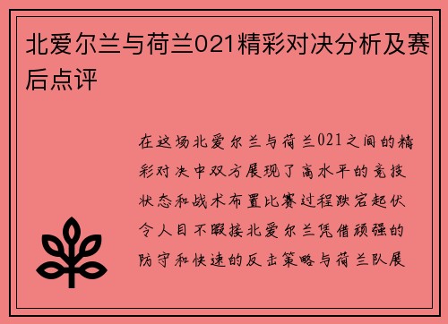 北爱尔兰与荷兰021精彩对决分析及赛后点评