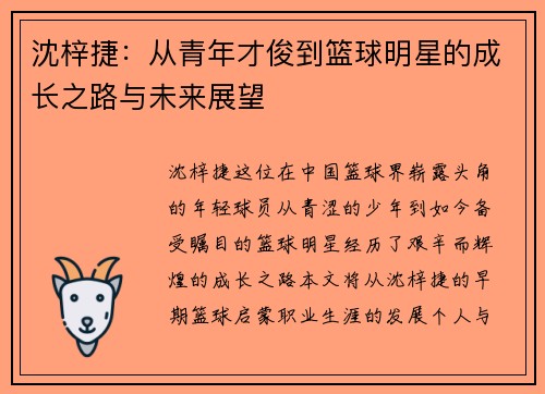 沈梓捷：从青年才俊到篮球明星的成长之路与未来展望